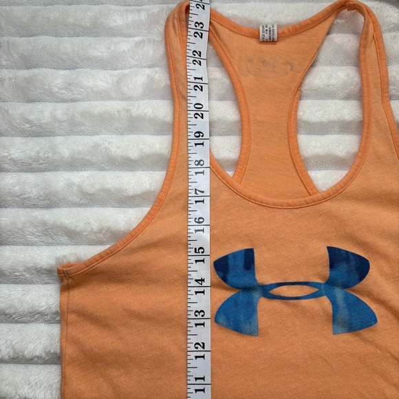 4/25$ Under Armour Relaxed Racerback Tank Top Orange With Blue Logo Small - Picture 8 of 8